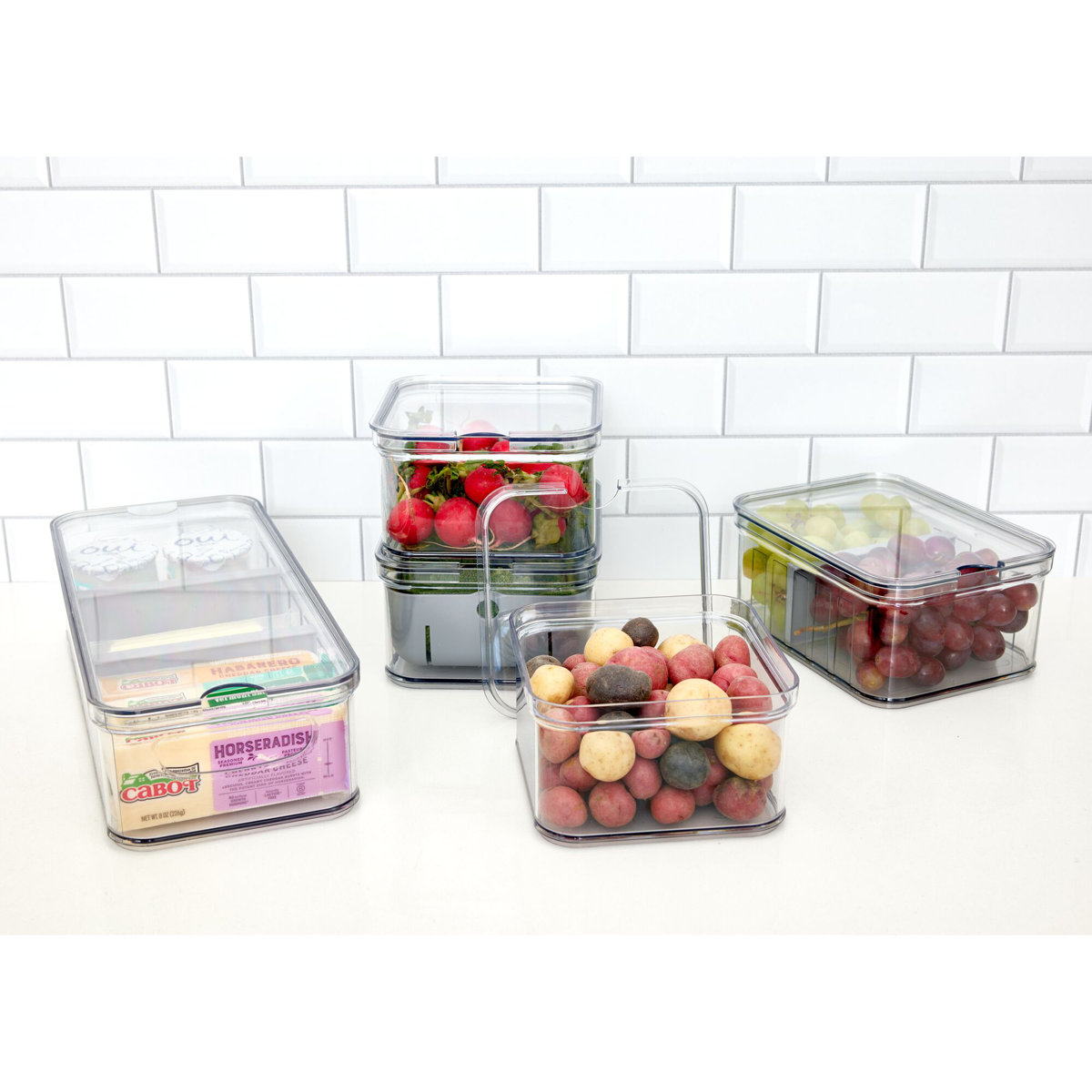 iDesign 5-Piece Recycled Plastic Refrigerator Organizer Bin Set with Lids, Clear/Gray (Set of 5)
